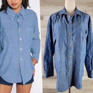 Lucky Brand Los Angeles Cotton Linen Blend Chambray Oversized Shirt Womens MED
